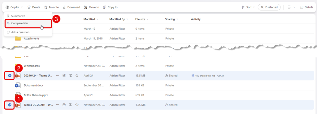 Copilot for M365 OneDrive Datei Auswahl